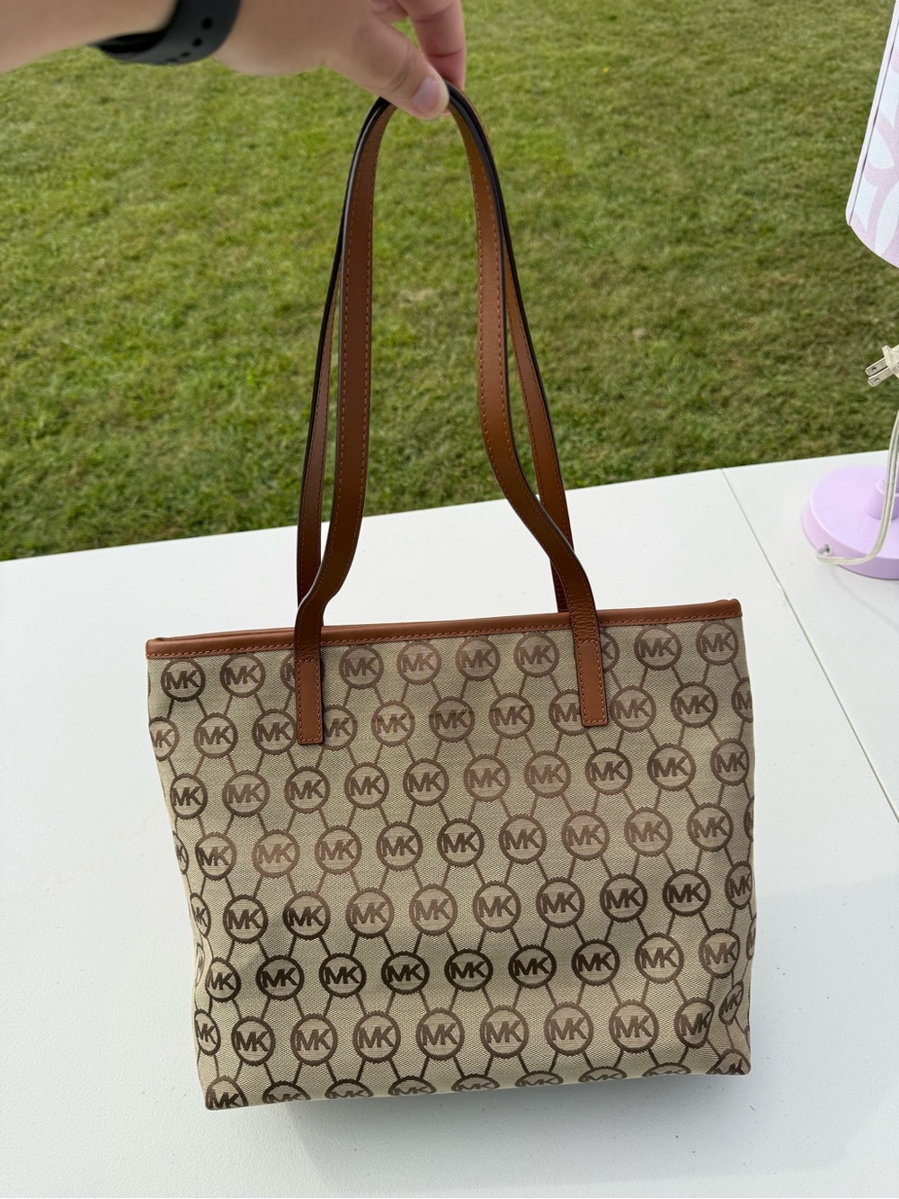 Michael Kors Beige Logo Canvas Tote with Brown Trim